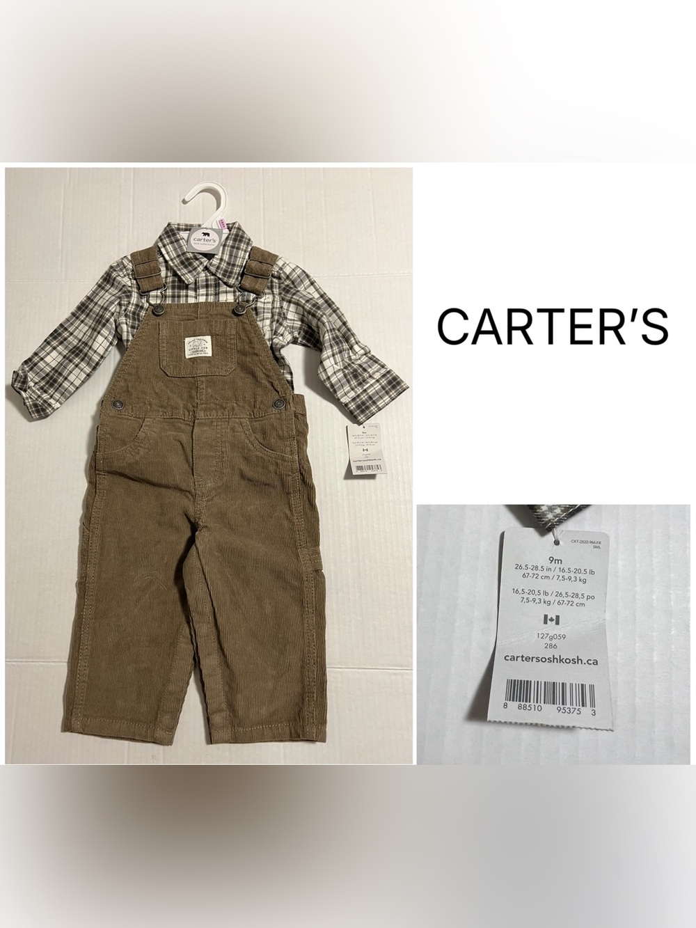 CARTER’S - 9M - NWT - 2PC - INFANT BOYS PLAID BROWN CORDUROY OVERALL SET